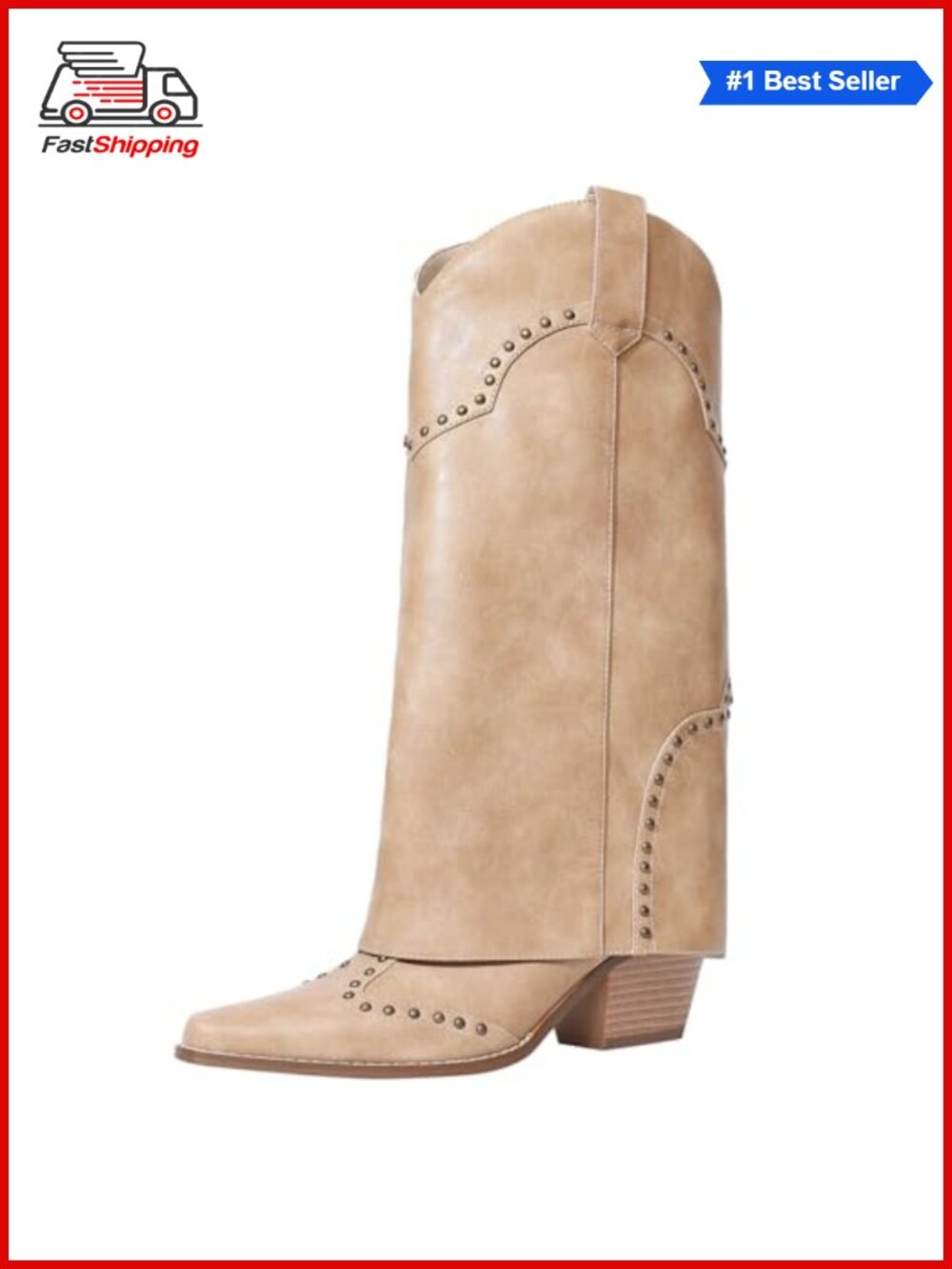 Women's Knee High Cowboy Boots Faux Leather Studded Fold Over Western Boots
